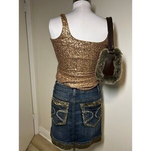 Vintage Y2K Denim Cachè Mini Skirt Cheetah Pockets Dark Wash Blue
